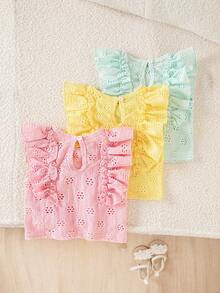 SHEIN Playful Pals 3件組彩色心形條紋印花荷葉邊圓領套頭T恤上衣，舒適柔軟休閒可愛春夏季新款 - 彩色 - 查看 2