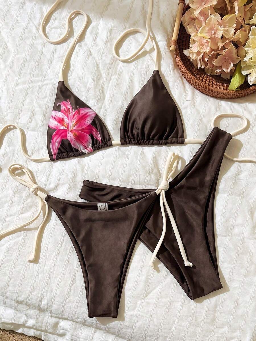 Elavelle 女款春夏季隨機印花掛脖高衩三件式比基尼套裝 - 彩色 - 查看 1