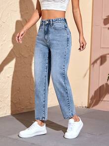 SHEIN PETITE بنطلون جينز دنيم مغسول بقصة ضيقة كاجوال للنساء الصغيرات - ازرق ضبابي - مشاهدة 4