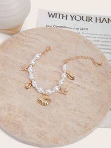 Enchnt 1pc Women's Simple And Fashionable Seashell Starfish Faux Pearl Bracelet For Daily Wear And Beach - Yellow Gold - View 3
