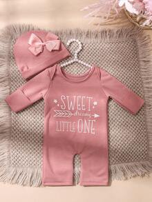 SHEIN 2件組新生女嬰攝影套裝 刺繡連身褲 蝴蝶結帽子 灰藍色 秋冬趣味圖案 親子款 婚禮公主風 0-3個月 - 藕粉色 - 查看 3