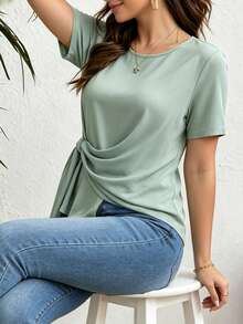 EMERY ROSE Modisches lässiges Kurzarm-T-Shirt in Hellgrün mit Rundhalsausschnitt, plissiertem Saum und Strickdekor, Große Größen - Minzgrün - Übersicht 6