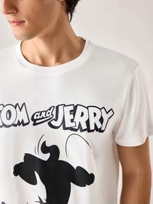Strevion TOM & JERRY 男士极简猫鼠图案印花圆领短袖T恤，夏季款 - 白色 - 查看 6