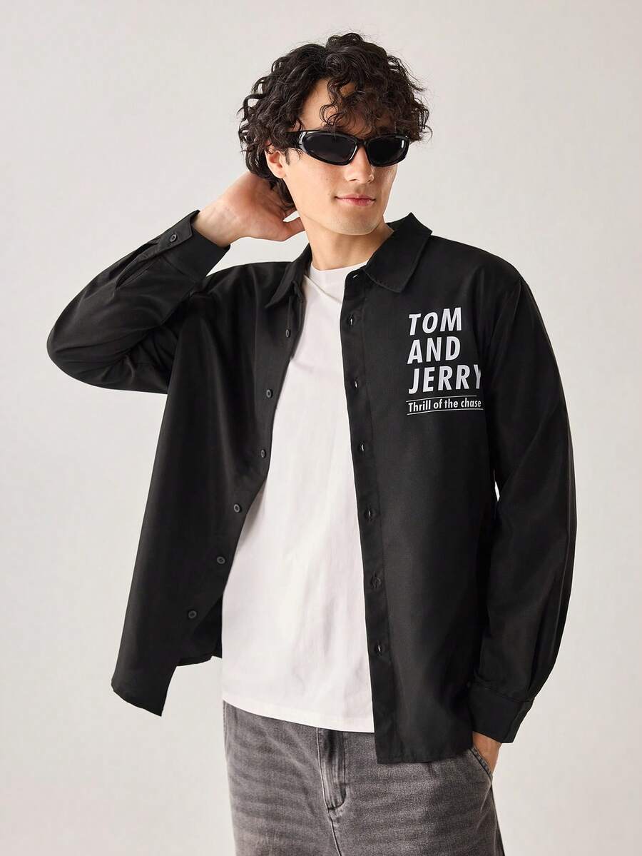 Strevion TOM & JERRY Men's Casual Curious Tom Print Long Sleeve Shirt - Black - View 1