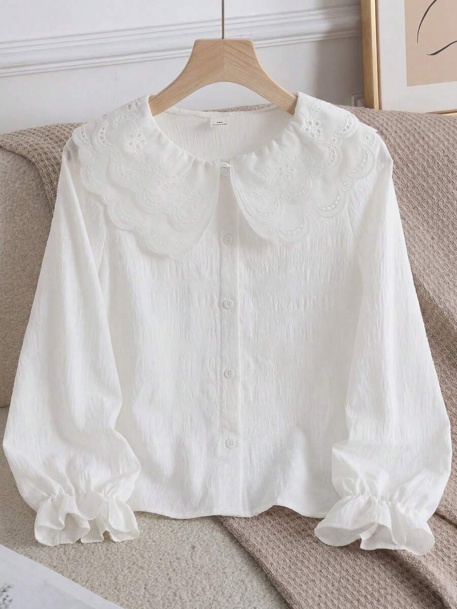 Teen Girl Girls Spring/Summer New White Collared Front Button-Down Single-Breasted All-Match Versatile Minimalist Premium Blouse Fall/Winter - White - View 1