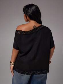 Rustia Blusa de hombro asimétrico con encaje de contraste para primavera/verano en talla grande - Negro - Ver 6