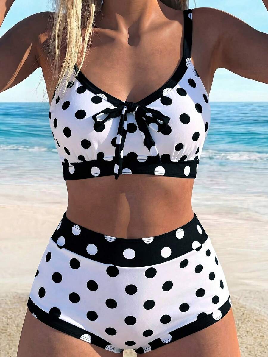 Swim Lushoire 2件組新款夏季多色蝴蝶結後綁帶露肩露背度假休閒派對海灘比基尼套裝女款泳裝海灘裝 - 彩色 - 查看 1