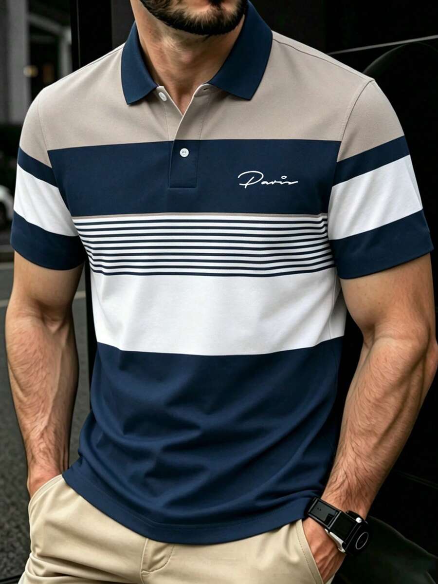Manfinity Homme 男士經典條紋短袖休閒 Polo 衫,正式款 - 彩色 - 查看 1