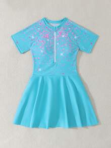 Tween Girl One-Piece Minimalist Swimsuit Suitable For Summer - Mint Blue - View 5