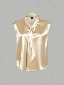SHEIN Solid Color Collar Elegant Commuter Summer Short Sleeve Shirt, Satin Fabric, White Shirt, Loose Fit, Suitable For Commuting, Business, Party, Date Occasions, Spring/Summer Style Shirt - Champagne - View 8