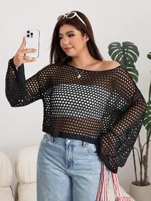 Solflare Suéter de punto hueco de unicolor talla grande nuevo para otoño/invierno, para salir en vacaciones de otoño - Negro - Ver 5