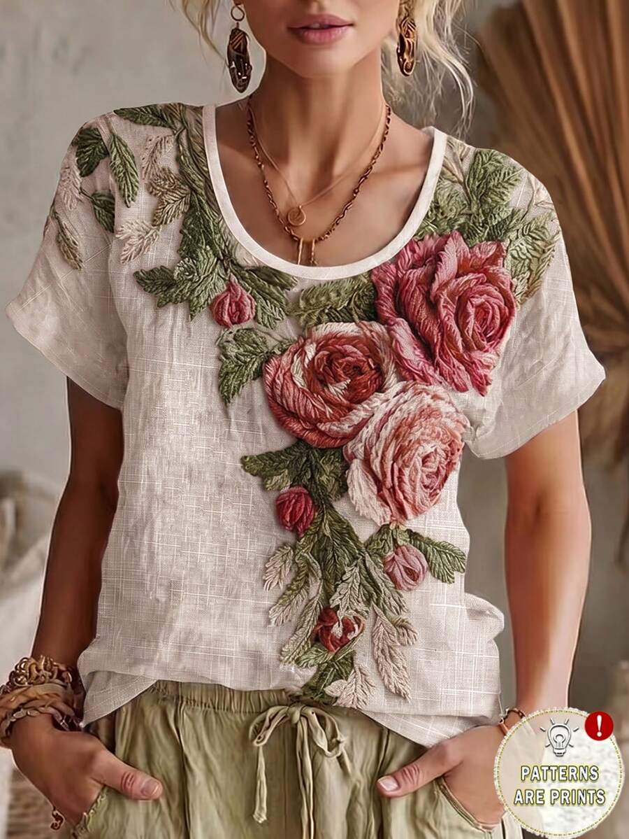 SHEIN Raffinéa 女款仿麻布杏色前領口定位印花圓領短袖上衣，女款杏色襯衫，派對上衣，女款海灘裝，女款休閒上衣，女款度假裝，女款海灘度假裝，夏季假期裝，女款通勤裝，夏季上衣，女款春季裝，內搭上衣夏季服飾，女款優雅上衣，女款工作上衣，女款辦公室裝，社交上衣/職場上衣，女款辦公室裝，適合春季/夏季