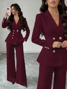 Rafferiza Setelan Jas Bisnis Wanita Gaya Prancis Minimalis Warna Polos dengan Gesper Asimetris dan Potongan Pas Badan - Burgundy - View 1