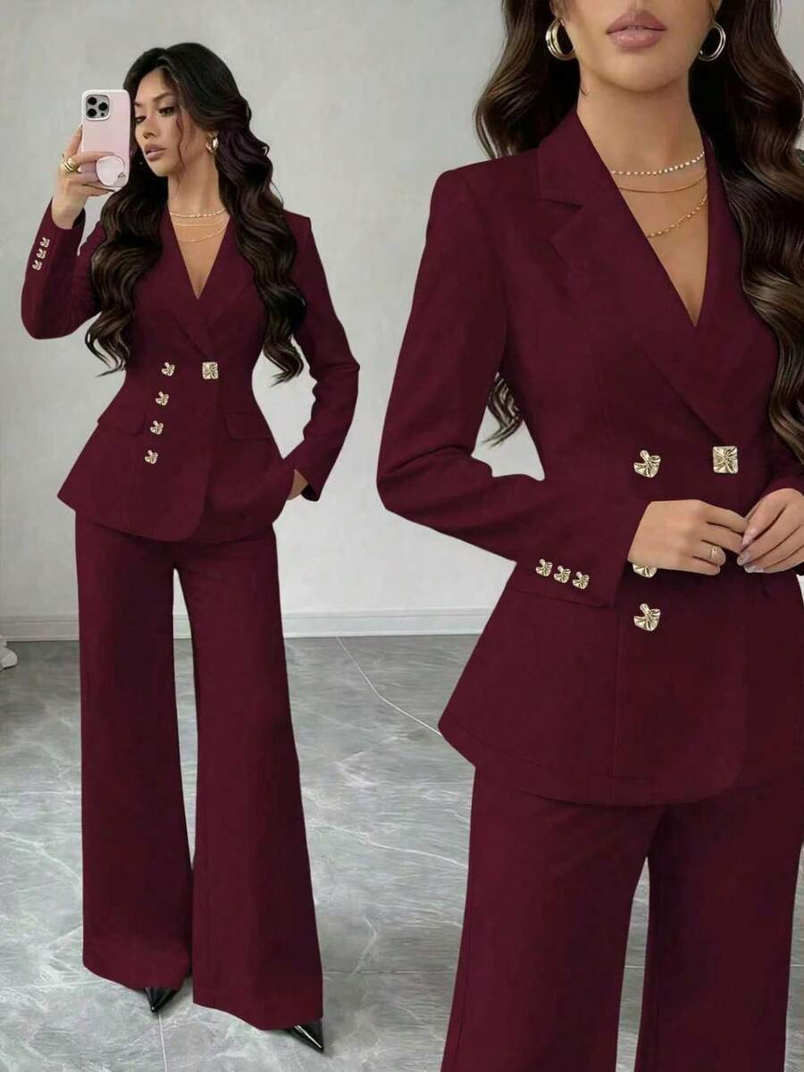 Rafferiza Setelan Jas Bisnis Wanita Gaya Prancis Minimalis Warna Polos dengan Gesper Asimetris dan Potongan Pas Badan - Burgundy - View 1