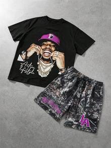 ROMWE MEN Street Life Conjunto de camiseta de manga corta y pantalones cortos con estampado de personajes para hombre, adecuado para primavera y verano - Negro - View 5