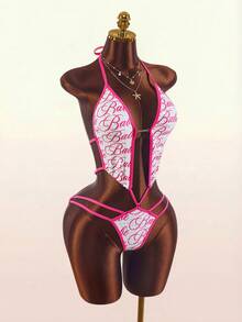 Amplova Women's One-Piece Swimsuit With Pattern Contrast Binding Rhinestone Embellishment Sexy Avant-Garde Cut-Out Backless Design Suitable For Vacation And Party Outfits - Pink - View 11