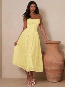 Enchnt Women's Vacation Hollow Embroidery Button Design Elegant Cami Dress Vacation Pale Yellow Summer - Yellow - View 5