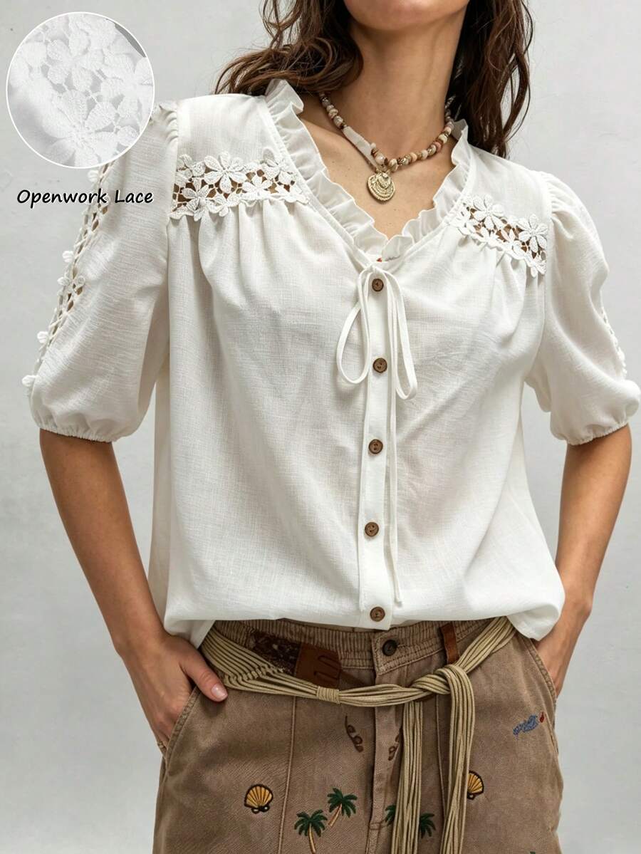 SHEIN 女款休閒極簡風春夏竹纖維拼接蕾絲V領短袖上衣,適合日常穿著 - 白色 - 查看 1