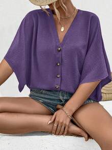 Ceyna Women's Plus Size Elegant Solid Color Textured Jacquard Fabric V-Neck Cap Sleeve Button Decor Beach Vacation Shirt 2025 Spring/Summer New Versatile - Purple - View 4