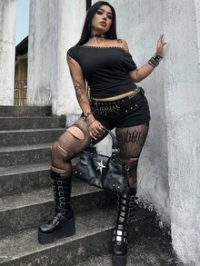 Whyspr 不對稱肩設計休閒哥德鄉村傳統風寬鬆輕便短袖夏季大尺碼女款T恤，約會之夜、電音派對黑色 - 黑色 - 查看 7
