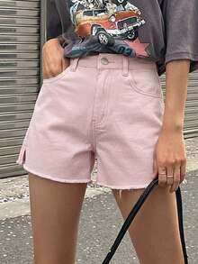 DAZY Summer Casual Washed Frayed Hem Denim Shorts - Pink - View 3