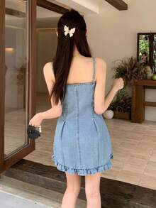 DAZY Women's Summer Frill Trim Patchwork Short Camisole Dress Sexy Casual Denim Dress Y2K - Light Wash - View 3