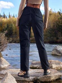 WanderVale Damen Einfarbige Hose mit Knopfleiste vorne, Taschen, Buchstabenprint, einfach, lässig, Outdoor, Sport - Schwarz - Übersicht 6