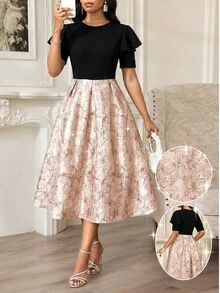 SHEIN Lady 女士优雅拼接提花荷叶边连衣裙 - 粉色 - 查看 1