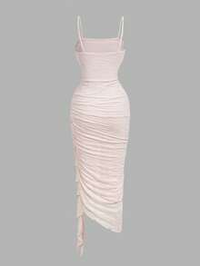 SHEIN MOD Women's Pleated Side Patchwork Ruffle Elegant Spaghetti Strap Midi Dress - Pink - View 7