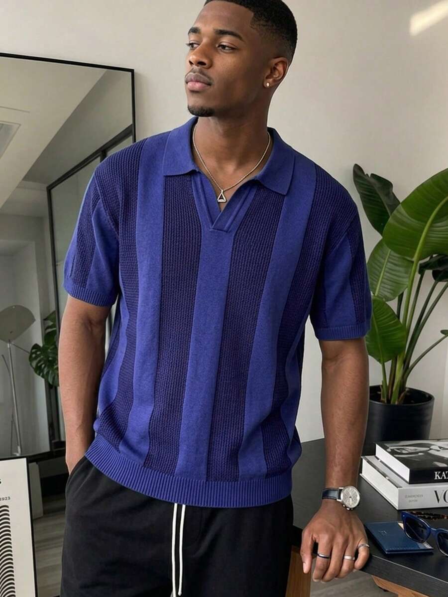 Manfinity Joysei Sweater Rajut Kasual Pria untuk Sehari-hari, Cocok untuk Kerja dan Perjalanan, Kemeja Polo untuk Pria - Royal Blue - View 1