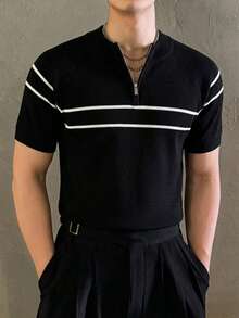 DAZY Short Sleeve Round Neck Half-Button Striped Contrast Design Men's Knit Top - Black - View 3