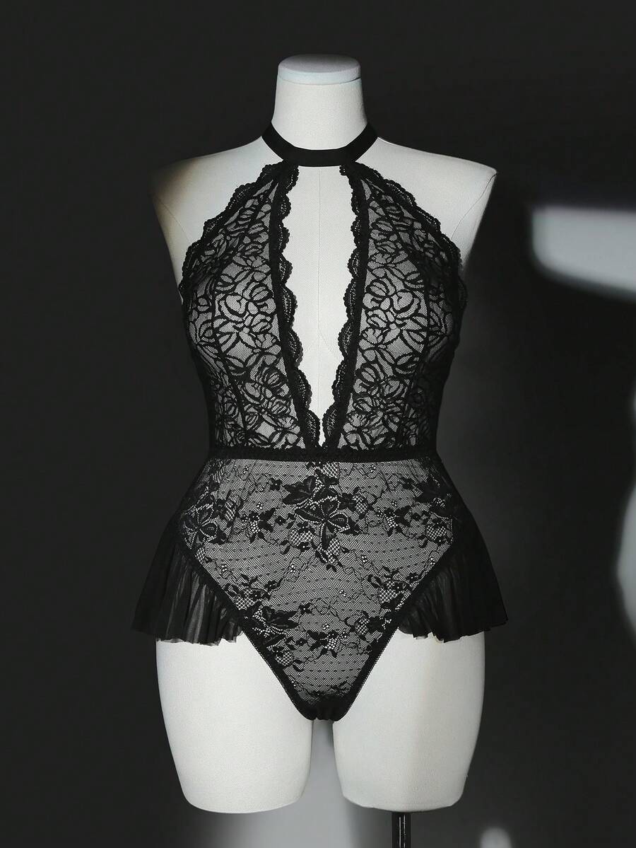 Seduluxe Plus Size Lace Wire-Free Sexy One-Piece Bodysuit Lingerie - Black - View 1