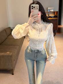 Joudiya Spring Summer Elegant Lace Patchwork Beige Women's Blouse - Beige - View 4