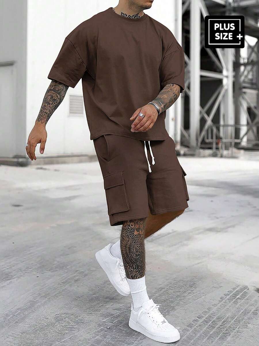 Manfinity Homme Plus Size Men's Solid Color Crew Neck Short Sleeve Top And Drawstring Pocket Shorts Set - Coffee Brown - View 1
