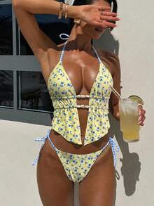 Swim Vcay Conjunto de Maiô Feminino de Duas Peças, Top de Banho Floral Sexy e Moderno com Contas e Costas Abertas, Calcinha de Maiô Bikini Triangular com Amarração Lateral, Novo Estilo Primavera/Verão - Multicolorido - Visão 4
