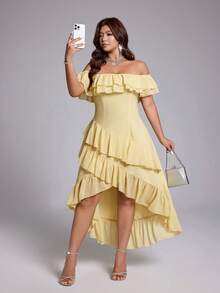 Viva Relle Butter Yellow Off-Shoulder Ruffle Dress, Multi-Layered Flounce Waist-Defining High-Low Asymmetrical Dress Vacation Summer Elegant - Yellow - View 6