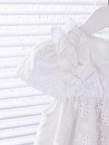 Baby Girl Summer Cute Solid Color Embroidered Hollow Pattern Ruffle Sleeveless Dress - White - View 3