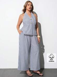 Maija Plus Size Blue And White Striped Halter Neck Sleeveless Top,Two Pieces Suit,Summer,Smart Casual,Vacation,Holiday,Vintage Office Bussines Lady Style - Multicolor - View 3