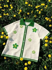 ROMWE MEN Men's Vacation Casual Floral Embroidered Short Sleeve Cardigan - Green - View 6