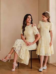 Anewsta Summer Blue Hollow Puff Sleeve Midi/Dress For Older Children - Yellow - View 3