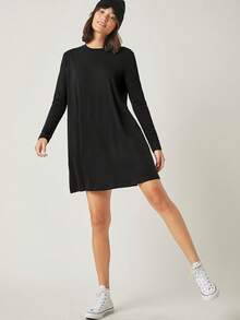 SHEIN BASICS Solid Tee Dress/Spring Summer Outfit For Women - Black - View 6
