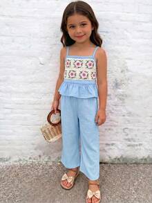 Emery Rose Kids Emery Rose Kids 少女花卉刺繡細肩帶背心上衣與長褲套裝 - 藍色 - 查看 5