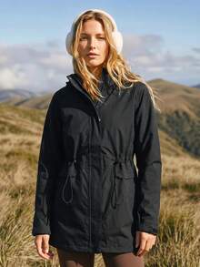 WanderVale In My Nature 1pc Women Solid Color Drawstring Hooded Jacket With Pockets, Outdoor Sports Usewinter Women Tops Keep Warm - Black - View 1