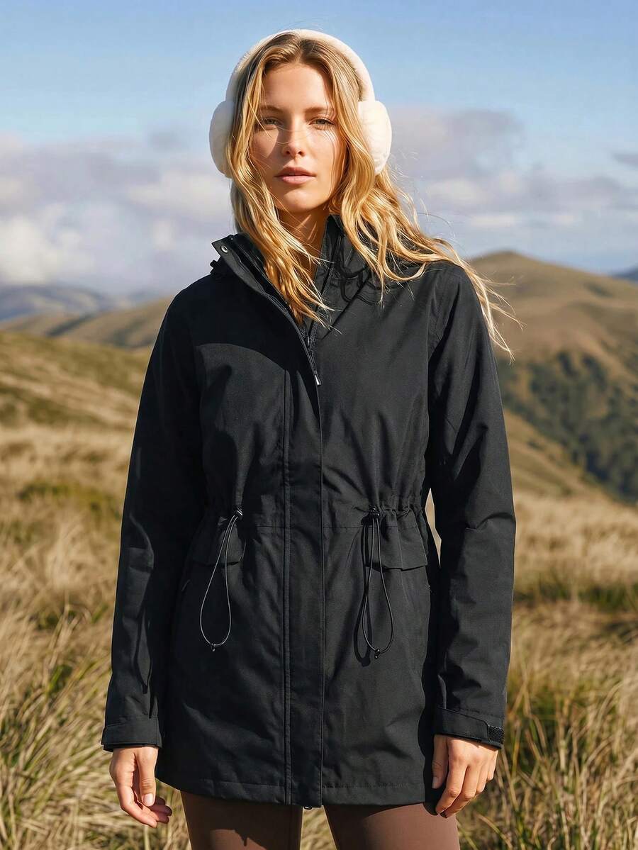 WanderVale In My Nature 1pc Women Solid Color Drawstring Hooded Jacket With Pockets, Outdoor Sports Usewinter Women Tops Keep Warm - Black - View 1