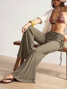 Bohemela Celana Panjang Wanita Kasual Warna Polos Model Fitted Flare Leg (Celana Panjang Pas Badan dengan Kaki Mengembang) - Khaki - View 3