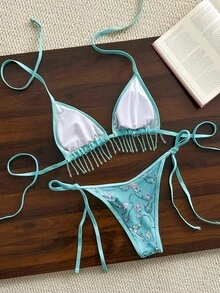 Costavie 2件組春夏海灘度假亮片紋理面料閃亮水晶流蘇掛脖三角比基尼上衣與側綁比基尼褲性感比基尼套裝 - 薄荷藍 - 查看 2