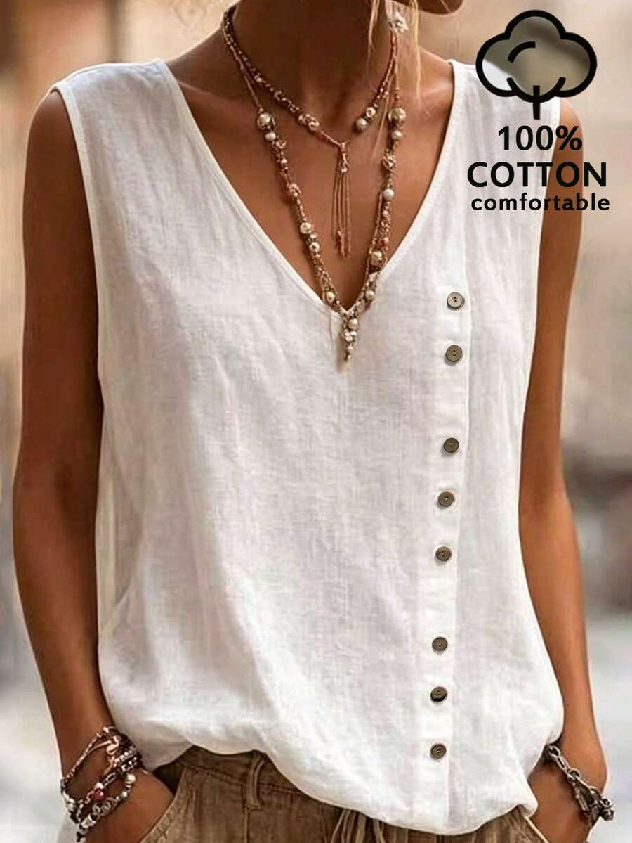 SHEIN LUNE Atasan Katun Wanita Elegan Lembut Kasual Leher V Warna Putih untuk Musim Panas - Putih - View 1