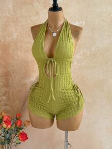 Soleia Bộ jumpsuit dệt kim họa tiết đục lỗ dây rút mới phong cách Bohemian, Boho, hoa lãng mạn, đi chơi, tiệc hoa, hẹn hò, Valentine, Phục sinh, lễ hội, trà chiều, đi biển, du thuyền, du lịch thành phố, dạo phố - màu xanh lá - Xem 5