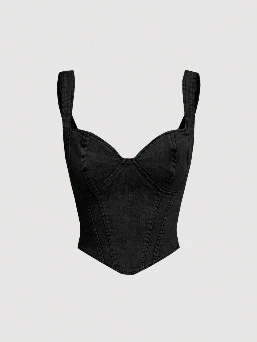 SHEIN MOD Blusa Denim Ajustada Sem Mangas Feminina, Casual de Verão - Preto - Visão 1