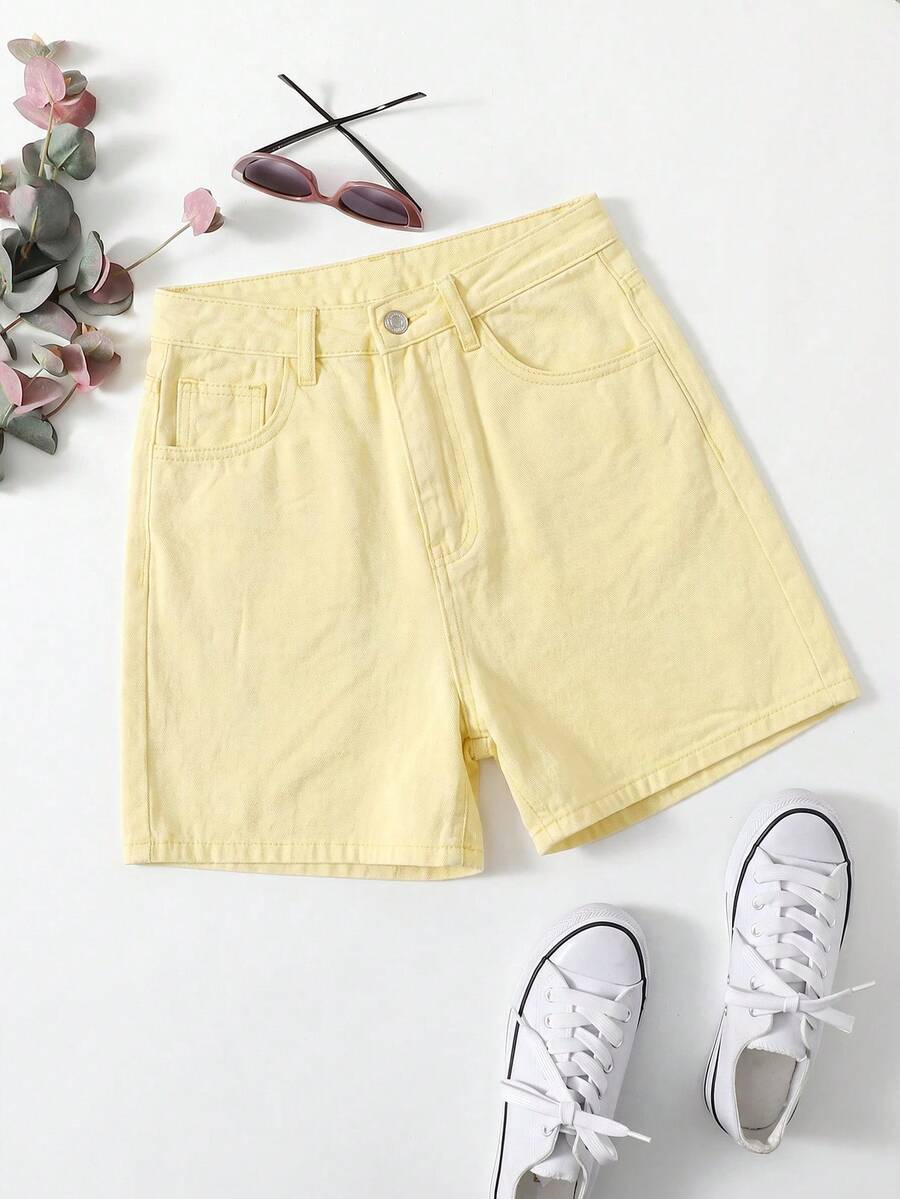 SHEIN EZwear 夏季休閒純色牛仔短褲 - 卡其色 - 查看 1